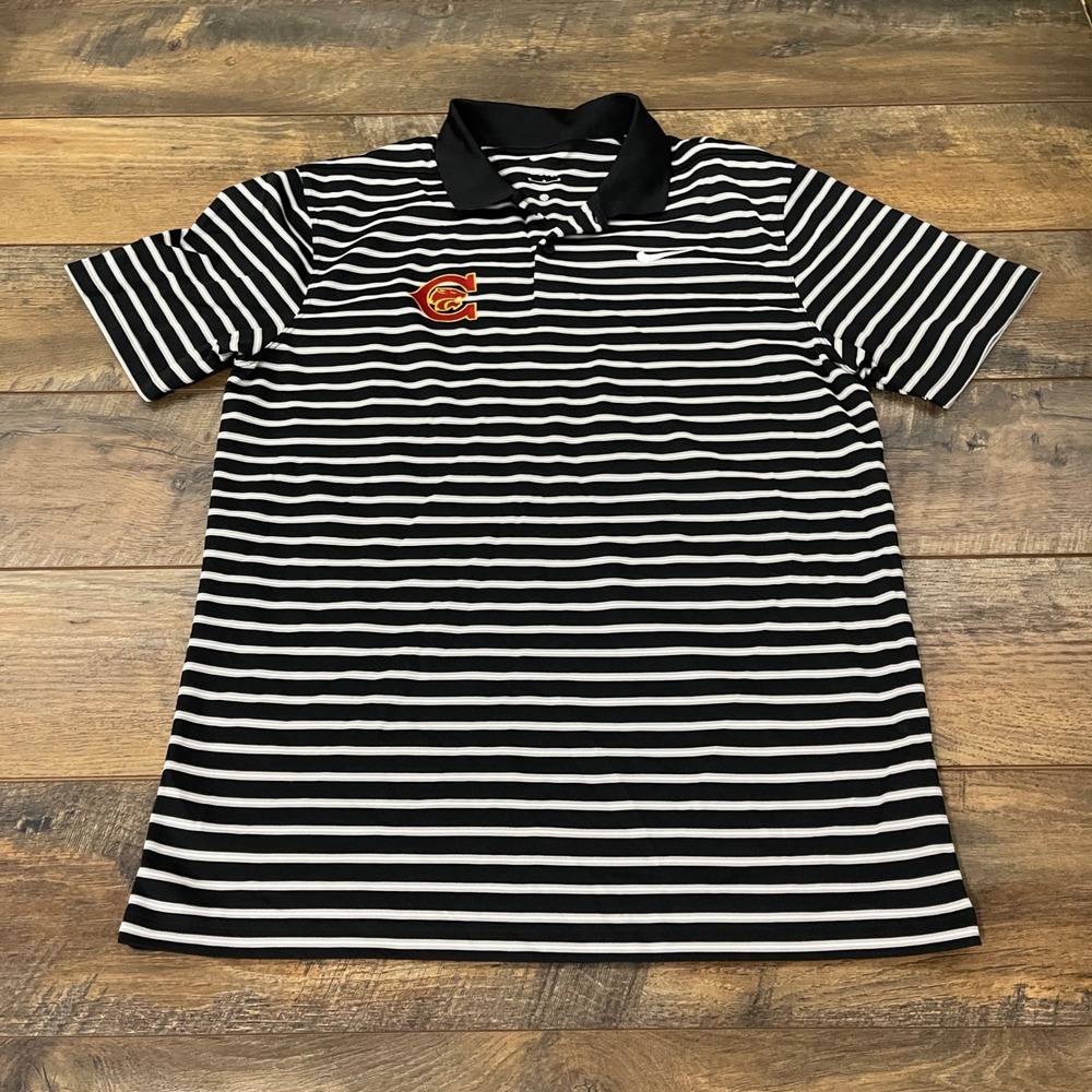 Nike Dri-FIT Mens Medium Black White Striped Polo Shirt Collegiate C Embroidery